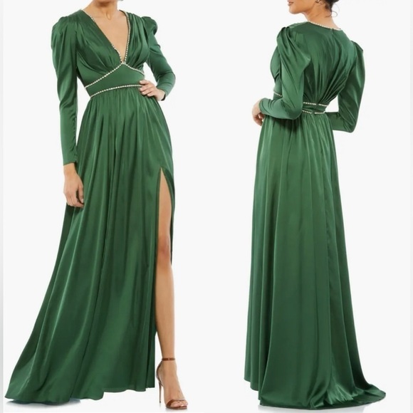 NEW MAC DUGGAL Rhinestone Trim Puff Sleeve Gathered Green Gown Sz 10 - Picture 1 of 7